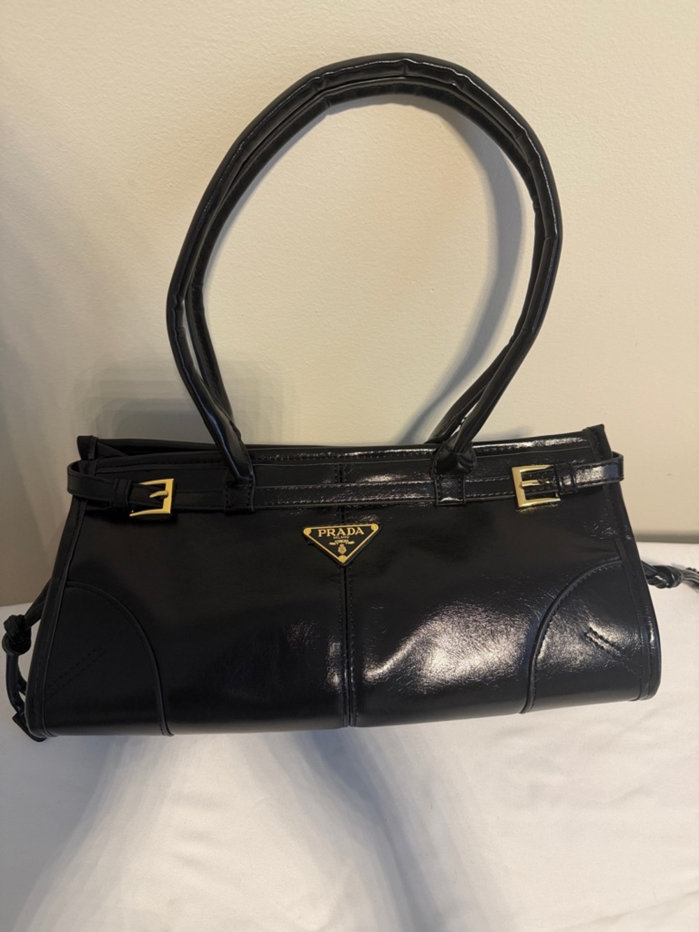 Prada Black Patent Leather Shoulder Tote with Gold Accents